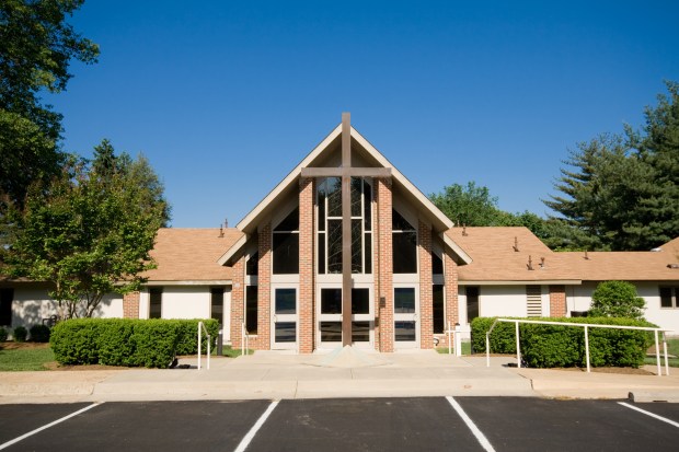 Exterior Modern Church A-Frame Gabled Roof, Metal Cross